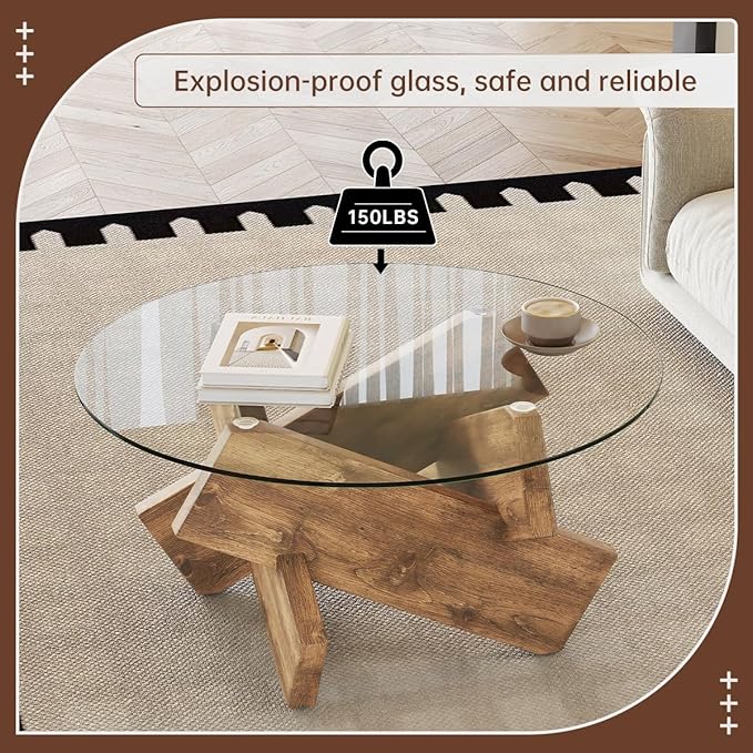 Natural Round Glass Coffee Table,33-Inch Coffee Tables for Living Room Clear Circle Accent Table Adapts to Farmhouse and Contemporary Decor