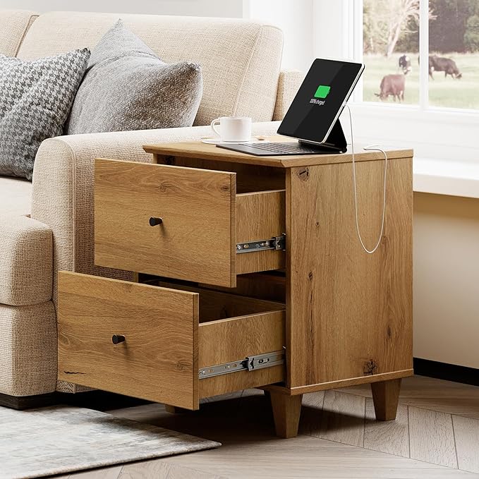 WAMPAT Nightstands with Charging Station & 2 Drawers, Set of 2 Modern Mid-Century End Tables Wooden Bedside Table for Living Room, Bedroom Storage, Oak Brown