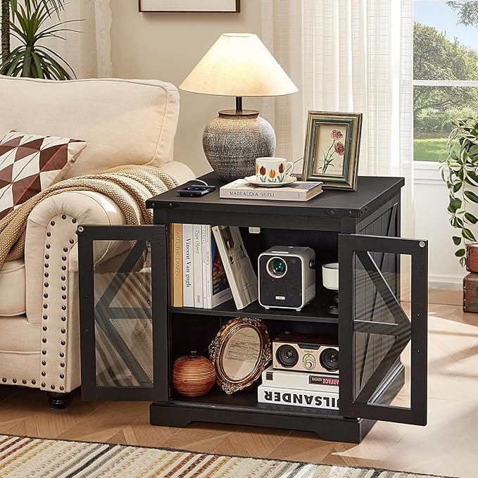 End Tables Living Room Set 3, 18'' Night Stand and 24" Square Side Table with Charger Station, Wood Furniture Sets, Nightstand Bedside End Table for Bedroom