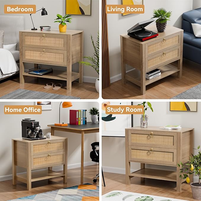 Rattan Nightstand Set of 2 with 2 Drawers and Storage Shelf, 26” Tall Wide Night Stand, Wood Large Bedside Table for Bedroom, Side Table, Carbon Cherry