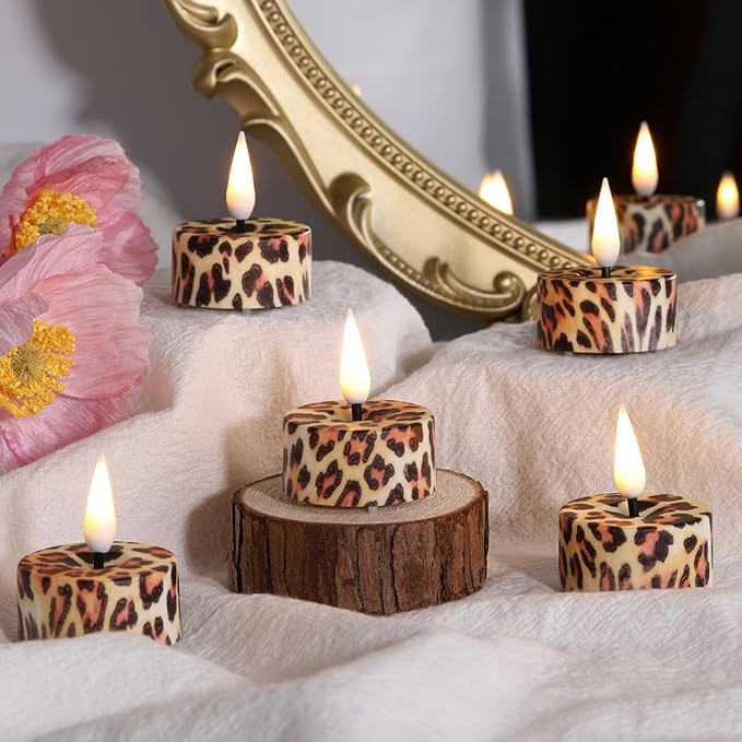 Eywamage Leopard Flameless Tealights with Remote Batteries, Flickering Cheetah LED Tea Votive Candles Christmas Gift Set of 12