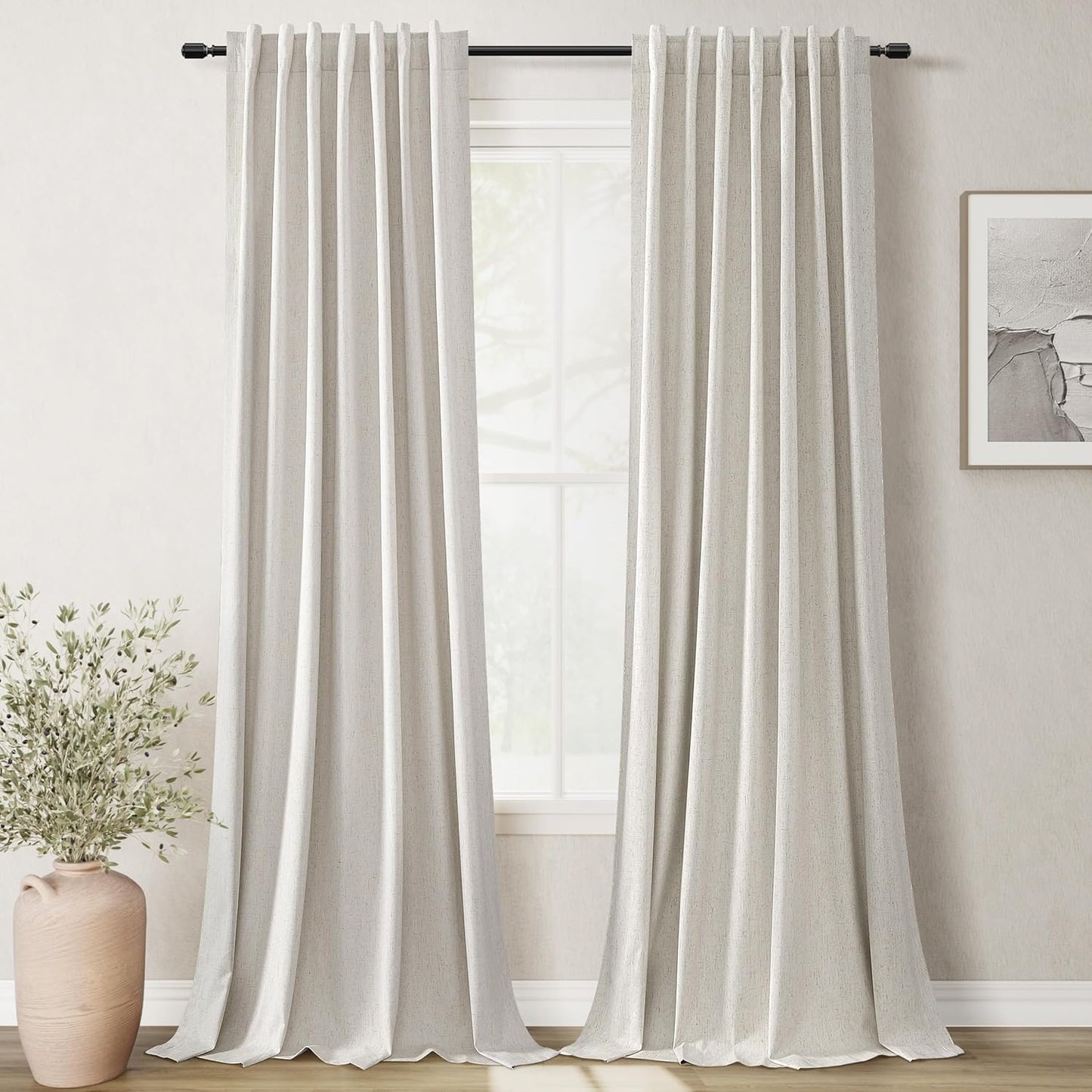 Natural Linen Blackout Curtains for Bedroom 84 Inch Length 2 Panels Set Room Darkening Curtains Cream Beige Black Out Curtain Neutral Thermal Insulated Living Room Nursery Drapes Back Tab 52x84