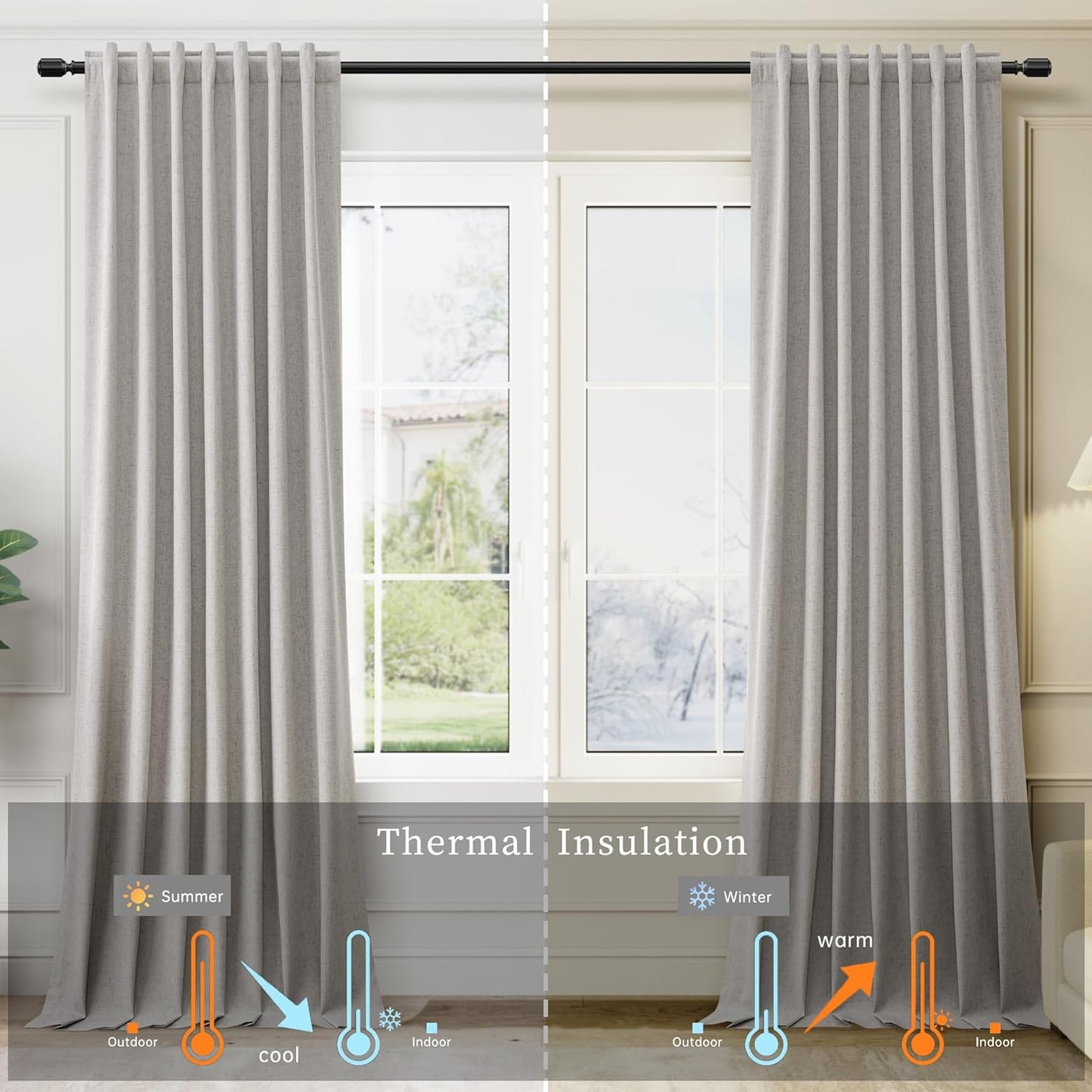 BOODII Silver Gray Linen Blackout Curtains for Bedroom 84 Inch Length 2 Panels Set Room Darkening Curtains Black Out Curtain Neutral Thermal Insulated Living Room Nursery Drapes Back Tab 52x84