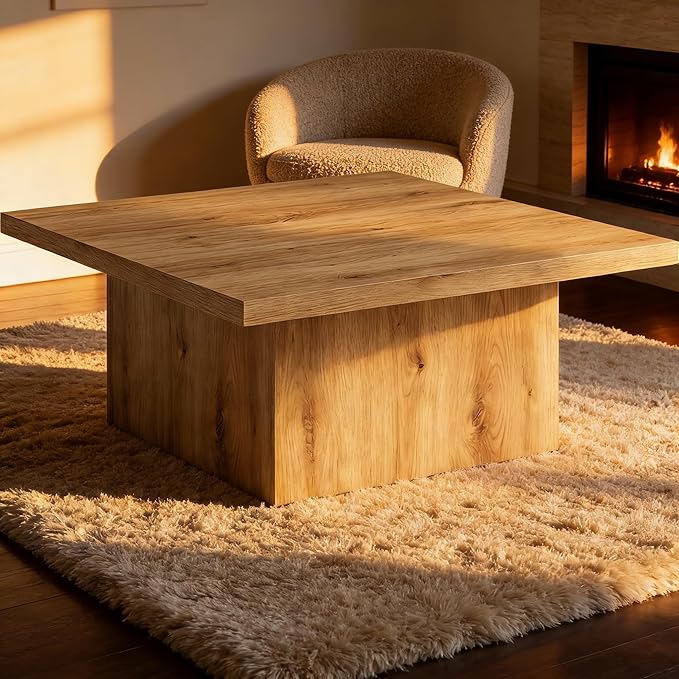 35.5" Square Coffee Table Natural Oak Finish – Modern Organic Farmhouse Living Room Centerpiece – Sturdy Low Profile Wood Design for Family Homes