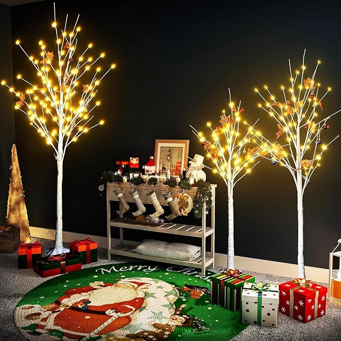 AWQM 4 Feet 5 Feet and 6 Feet Lighted Cherry Blossom Tree, Pack of 3, 200 LED Lights 24 Maple Leaves 24 Balls, for Home, Festival, Party, and Christmas Decoration, Indoor and Outdoor Use (White)