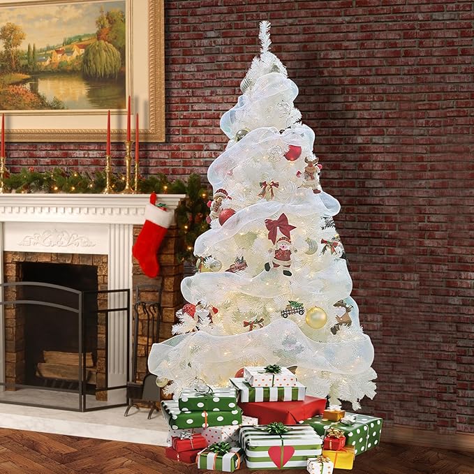 5FT Artificial Christmas Tree, Full Premium Hinged Artificial Pine Tree with 450 Branch Tips Metal Stand for Outdoor & Indoor (White)