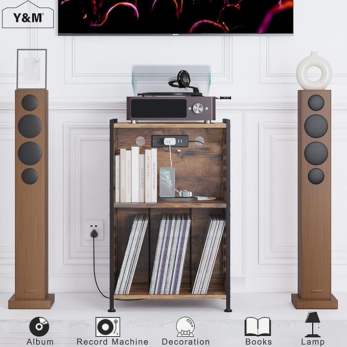 Y&M Record Player Stand, Vinyl Turntable Stand with Charging Station and USB Port, Record Display Table with Storage Cabinet, Turntable Holder, End Table, Nightstand for Bedroom, Living Room, Brown