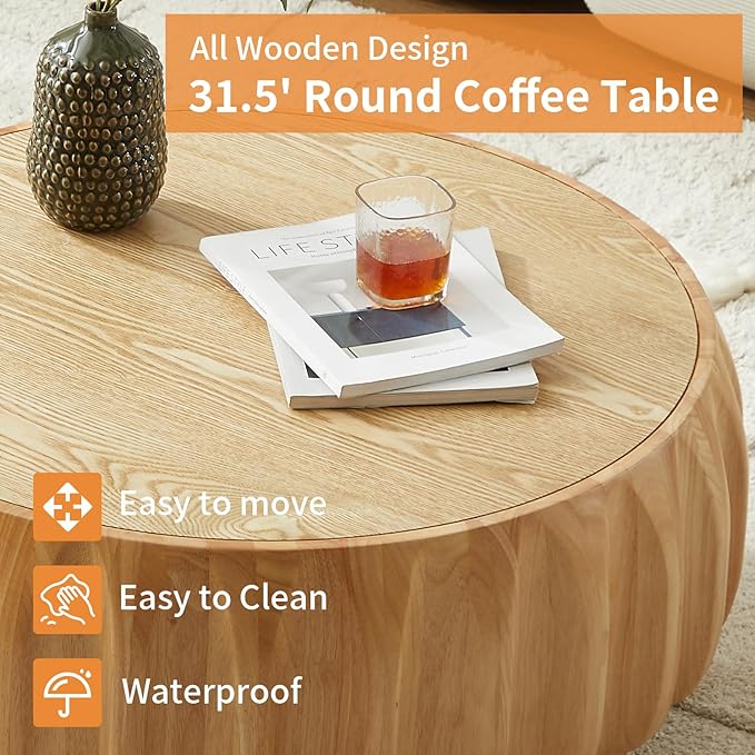 LKTART 31.5" Round Coffee Table Drum Table Contemporary Wood Fluted Centry Table with Solid Wood Veneer for Living Room (Natural)