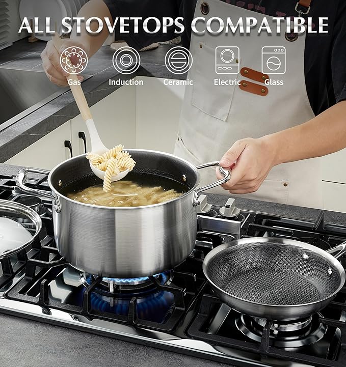 KOCH SYSTEME CS Triply Stainless Steel Cookware Set 10 Piece, Nonstick Hybird Stainless Steel Pots and Pans Set, Kitchen Cookware Set with Honeycomb Interior, 18/10 Steel, Induction Compatible