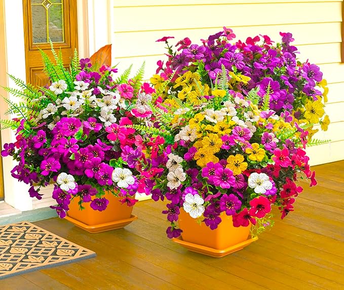 Artificial Fake Flowers for Outdoors,16 Bundles Artificial Plants Outdoor Faux Plants UV Resistant, Realistic Faux Silk Flower 6 Colors Spring Summer Decor for Porch Outside Planter Window Box