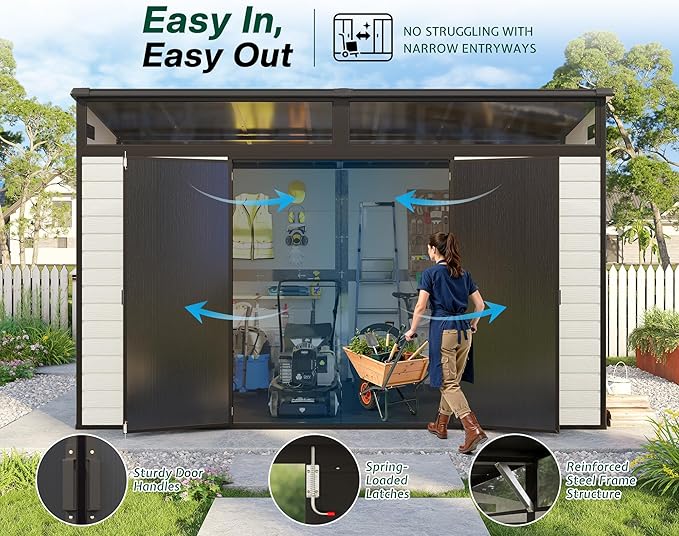 Jocisland 10x7x6.7 FT Outdoor Resin Storage Shed with Floor & Double Doors, Sloped Roof Garden Shed with Skylight Panels, Window & Vents, Waterproof UV-Resistant Tool Sheds for Garden, Lawn, Backyard
