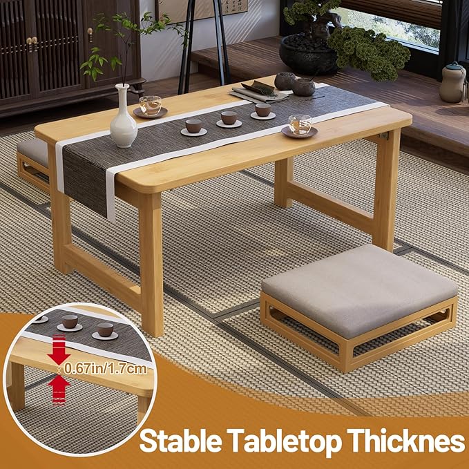Japanese Floor Table, Bamboo Folding Coffee Table, Portable Solid Wood Japanese Tatami Tea Table Table, No Assembly Japanese Dining Table for Sitting on The Floor, Easy Storage (Natural)
