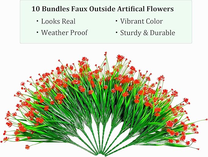 Artificial Plants & Flowers 10 Bundles Orange Faux Outdoor Artificial Plants UV Resistant Plastic Flowers for Decoration Artificial Hanging Flowers for Outdoors