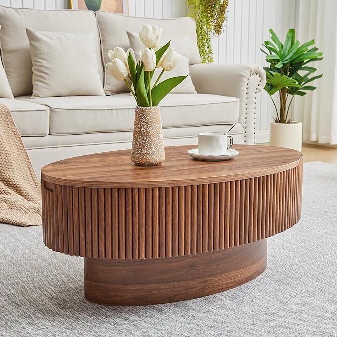 Oval Coffee Table with Hidden Storage, 31.5 Inch Wide Modern Coffee Table, Center Table with Fluted Veneered, Accent Tea Table for Small Space Living Room Apartment (Walnut)