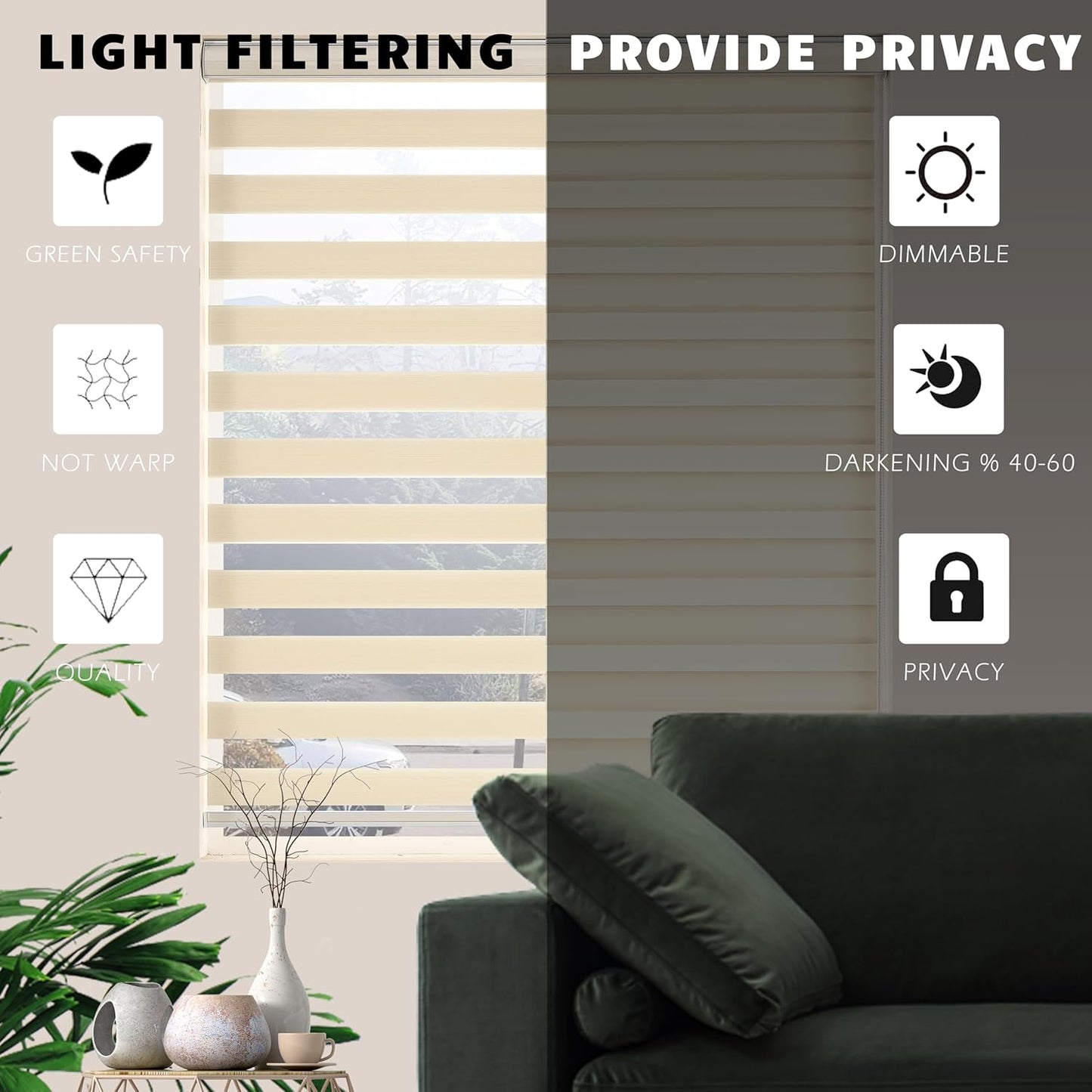 Zebra Blinds for Windows, Free-Stop Zebra Shades, Dual Layer Light Filtering Sheer Blinds for Indoor Windows, Roller Window Shades for Privacy (23" W X 72" H, Cream)