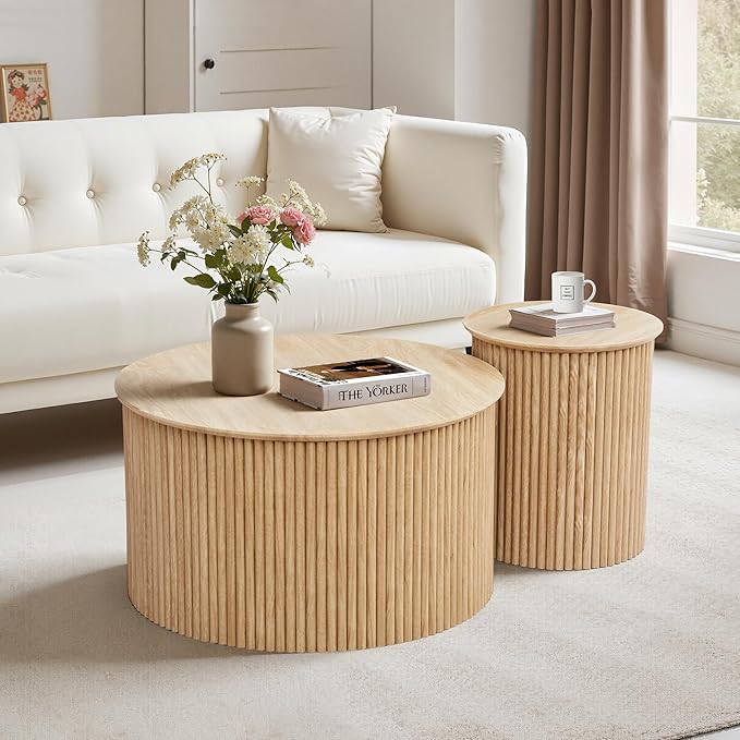 Fluted Round Nesting Coffee Table Set of 2, Mid Century Modern Wood Coffee Table and End Table Set, Minimalist Center Tables Circle Side Table for Living Room, Office(Natural)