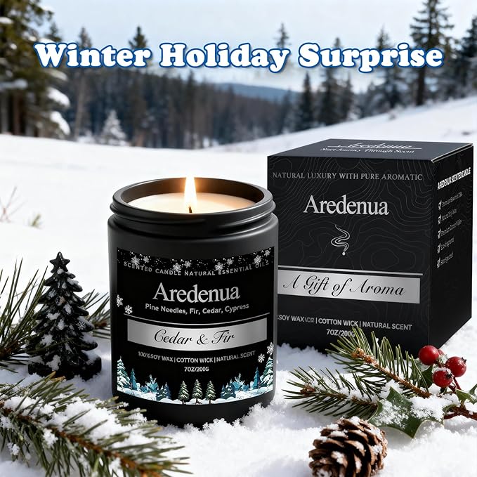 Cedar & Fir Candle – Winter Candles | Holiday Scented Candles, 7oz Jar Soy Candle for Home Scented - 50H Burn - Evergreen Forest & Fresh Pine Scent, Christmas Gifts for Women & Men