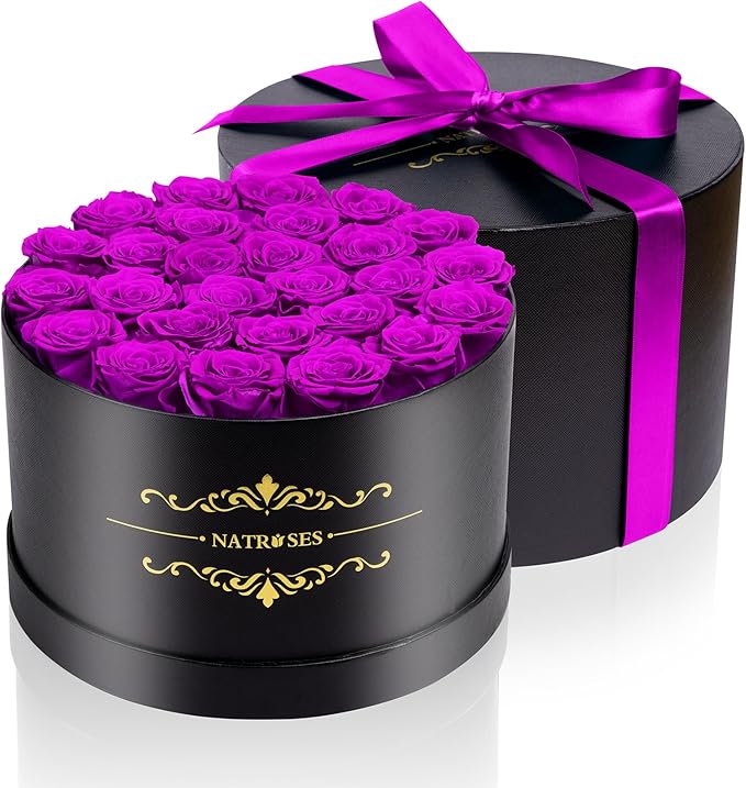 NATROSES 27 Piece Forever Preserved Roses in a Box, Preserved Flowers for Delivery Birthday, Flowers Gifts for Mothers Day, Purple