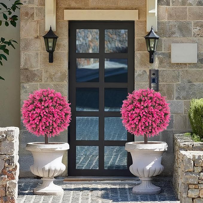 Set of 2 Artificial Pink Boxwood Topiary Ball Bush for Outdoor with Ground Spike 22", UV Resistant Faux Greenery Shrubs, Fake Pink&Green Boxwood Plants for Garden, Yard, Porch, Patio Decor