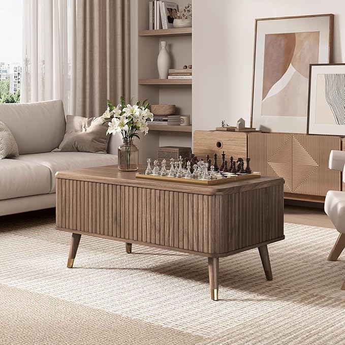 Lift Top Coffee Table with Storage, Mid Century Modern Walnut Fluted Coffee Table, Rectangular Wood Center Table with Rising Desktop & Open Shelf for Work from Home, Living Room, Walnut