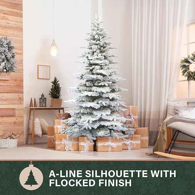 Fraser Hill Farm Pine Valley Flocked Christmas Tree, 6.5 Feet Tall | Holiday Tree with Metal Base Perfect Home Decor | Snowy Xmas Tree with No Attached Lights | FFPV065-0SN