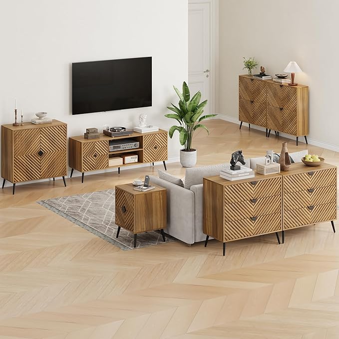 Sideboard Cabinet with Adjustable Shelf, Freestanding Walnut Small Buffet with Storage, Wooden Console Cabinet with Diamond Parquetry Doors for Living Room, Entryway, Console