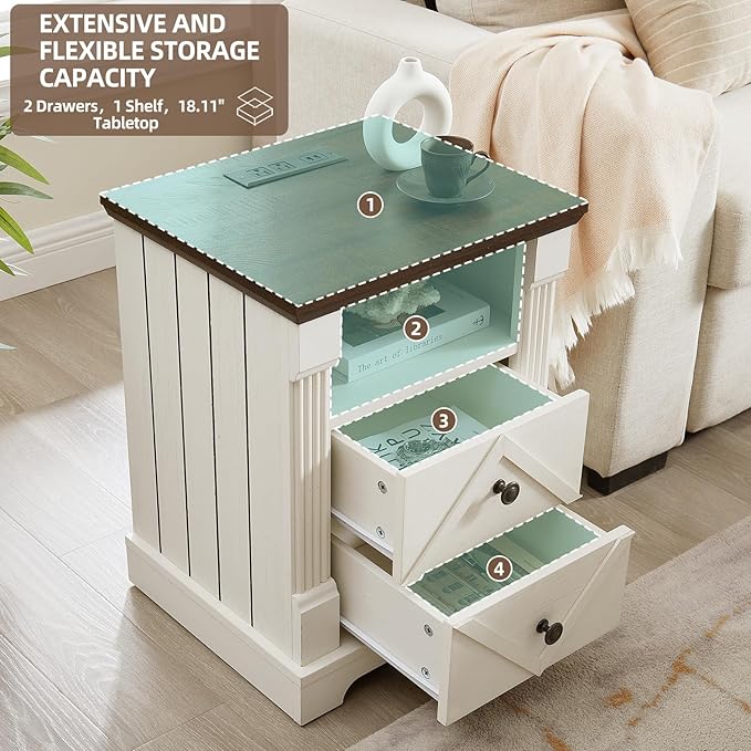 Nightstand with Charging Station, Rustic 18 Inch Farmhouse End Table with Barn Door, Wood Sofa Side Table with 2 Storage Drawers for Living Room, Bedroom, Entryway (Antique White 2pcs)