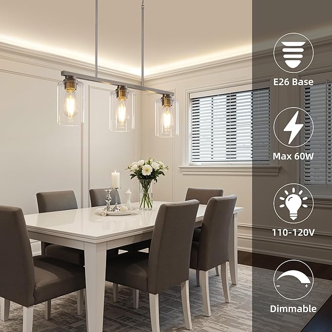 Island Light for Kitchen, Brushed Nickel Dining Room Light Fixture Over Table, 3-Light Linear Chandelier Pendant Lighting for Dining Table Kitchen Island Living Room