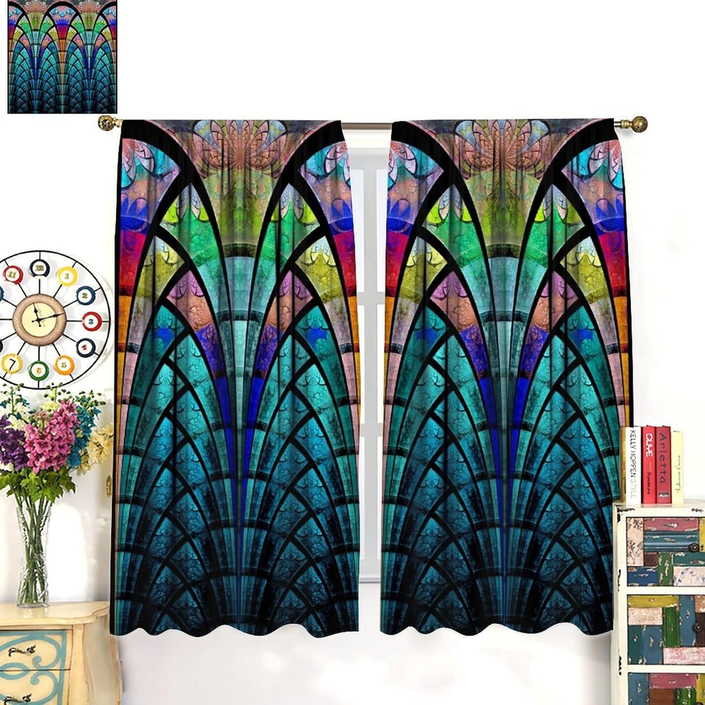 Stained Glass Curtains,Retro Design Style Colorful Abstract Art Home Decor Drapes for Bedroom Living Room Kitchen Window Treatment 2 Panels Set Total Size 63" W X 72" L Inch