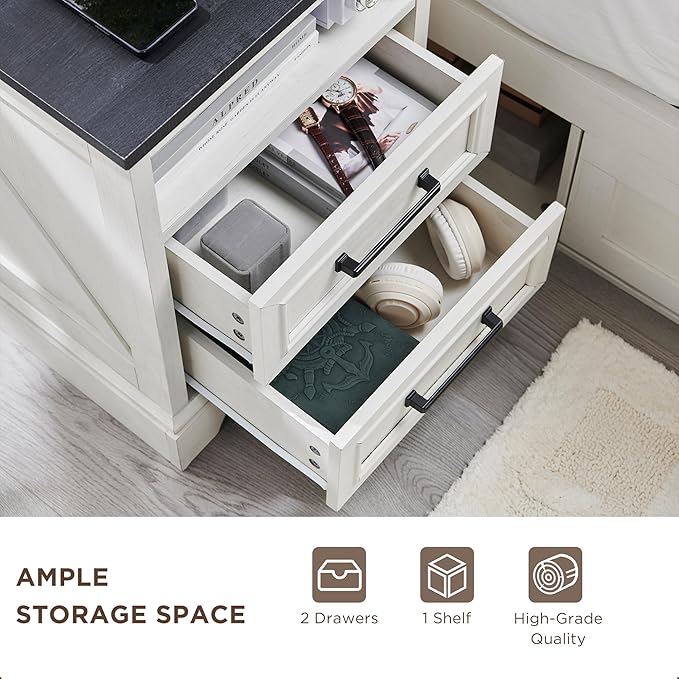 ACCOHOHO 18" Farmhouse Nightstand Set of 2 with Charging Station,End Table with 2 Drawers Storage,Side Table,Bedside Cabinet for Bedroom,Living Room, Withe