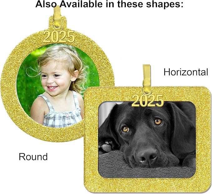 2025 Photo Ornaments for Christmas Tree, Sparkly Glitter Christmas Frame Ornament, Easy-Load Magnetic Design, Includes Satin Ribbon, Gold Charm & Photo Protector, Vertical, Gold