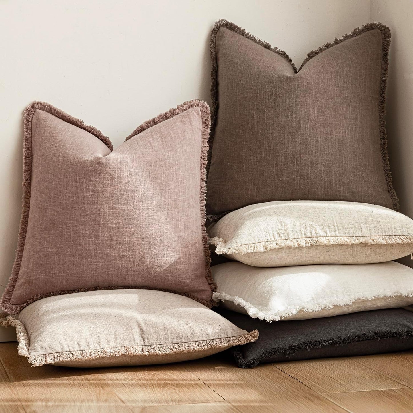 Foindtower Set of 2 Decorative Linen Fringe Throw Pillow Covers Boho Farmhouse Cushion Cover with Tassels Soft Accent Pillowcase for Couch Sofa Bed Living Room Home Decor,22×22 Inch,Dusty Pink