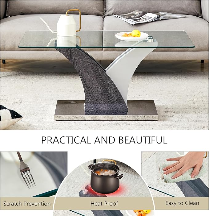 Rectangular Glass Coffee Table for Living Room, 39" Modern Clear Center Table, Tempered Glass Living Room Table with Wood Grain Textures Base