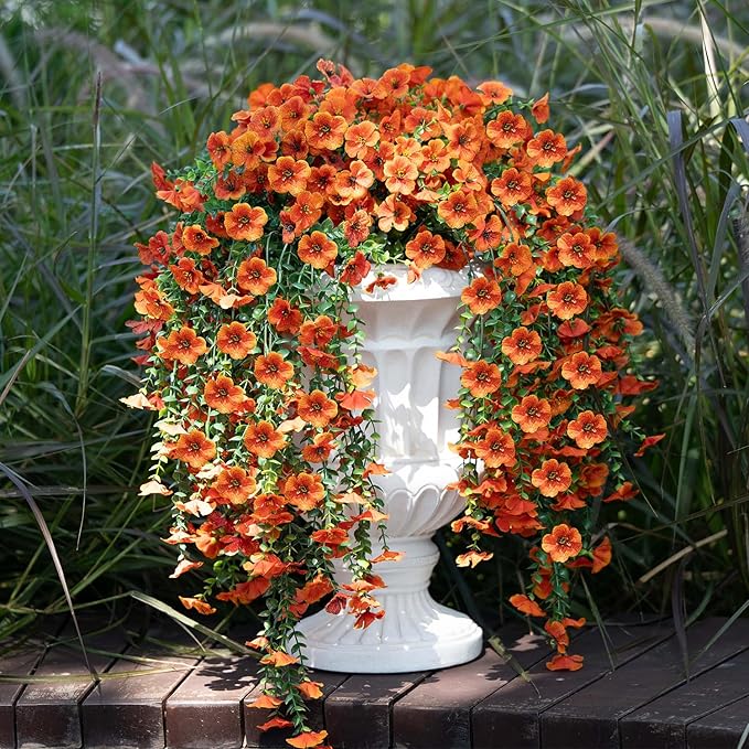 2PCS Artificial Hanging Fall Flowers for Outdoors Decorations, Orange Realistic Faux Silk Daisy with Eucalyptus, UV Resistant Fake Mums for Autumn Home Decor Patio Porch Window Box Front Door
