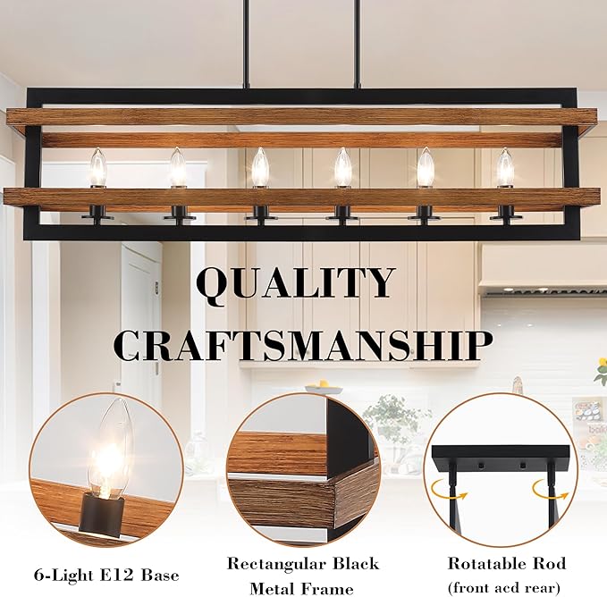 Farmhouse Dining Room Light Fixtures Rectangle Chandeliers Kitchen Island Lighting Vintage Pendant Lights Fixture 6-Lights Wood Grain Iron Chandelier for Dining Room Living Room Kitchen
