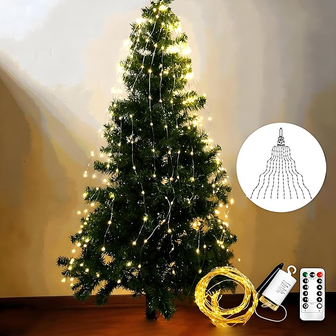 2026 Upgrade Cascading Twinkle Lights for Christmas Tree Waterfall Lights, 8 Modes 100-600 Christmas LED Firefly Twinkle String Lights Battery Powered (Warm Light,1m/3.28ft 20 Strips 200 Lights)