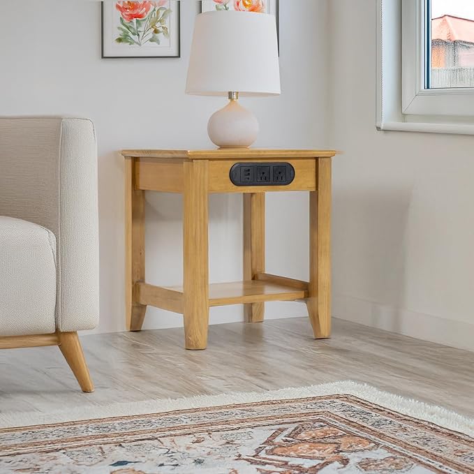 KAWIND Home Solid Wood End Table with Charging Station Compact Side Table with 2 USB Ports & 2 AC Outlets Light Walnut Ideal for Living Rooms & Bedroom Light Assembly