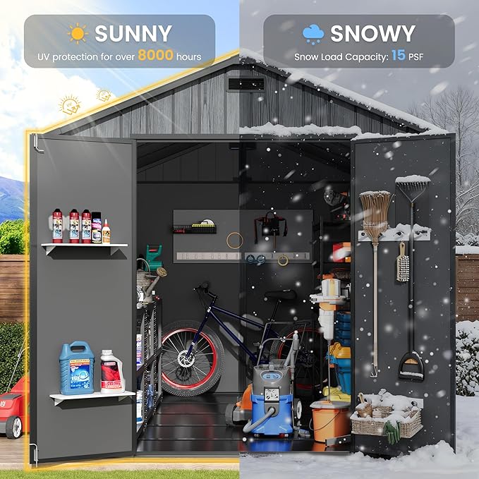 Amopatio Outdoor Storage Shed with Floor,8x10 FT Lockable Plastic Tool Shed with Ventilation,Waterproof Resin Garden Sheds for Backyard,Patio,Lawn and Bike Dark Grey