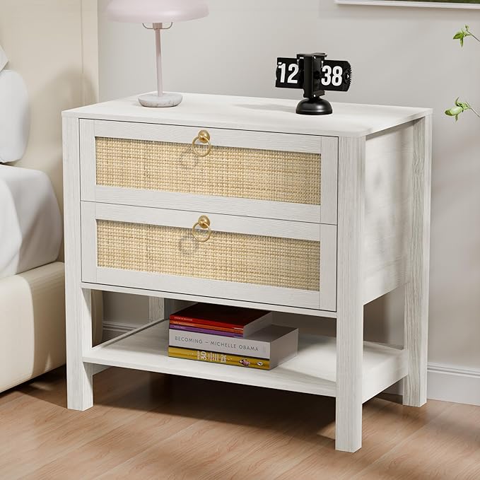 White Nightstand with 2 Drawers and Storage Shelf, 26” Tall Boho Night Stand, Wood Large Bedside Table with Golden Handle for Bedroom, Side Table, White Cream Oak