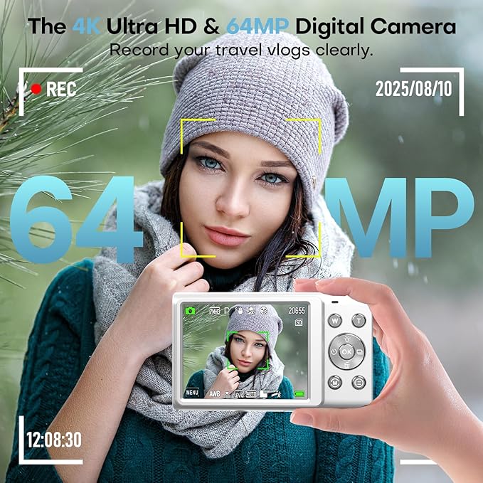 Digital Camera, 4K 64MP Digital Camera with Wide Angle Lens, Autofocus 16X Digital Zoom YouTube Compact Point Shoot Vlogging Camera with 32GB Card, 2 Batteries, for Beginners/Adults(White)