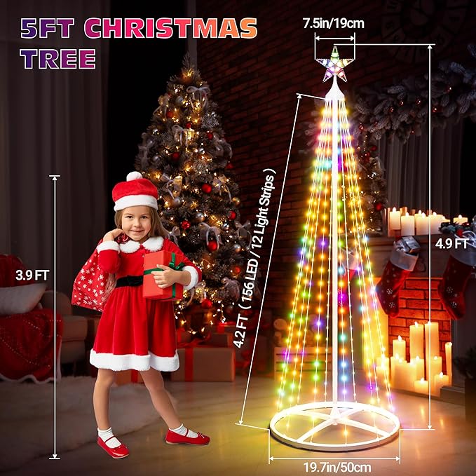 5FT Smart Cone Christmas Tree, Multicolor Prelit Outdoor Christmas Tree Lights, Music Sync, App & Remote Control, LED Light Show Tree for Indoor Outdoor Decorations