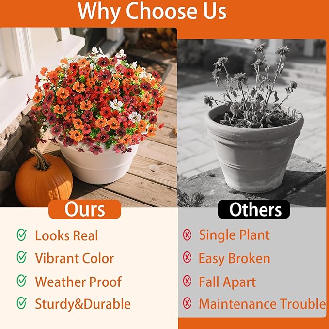 Artificial Fall Flowers for Outdoor, 12 Bundles Multicolor Fake Fall Plants for Decoration, UV Resistant No Fade Faux Mums Silk Flower for Autumn Porch Patio Planters Yard Garden