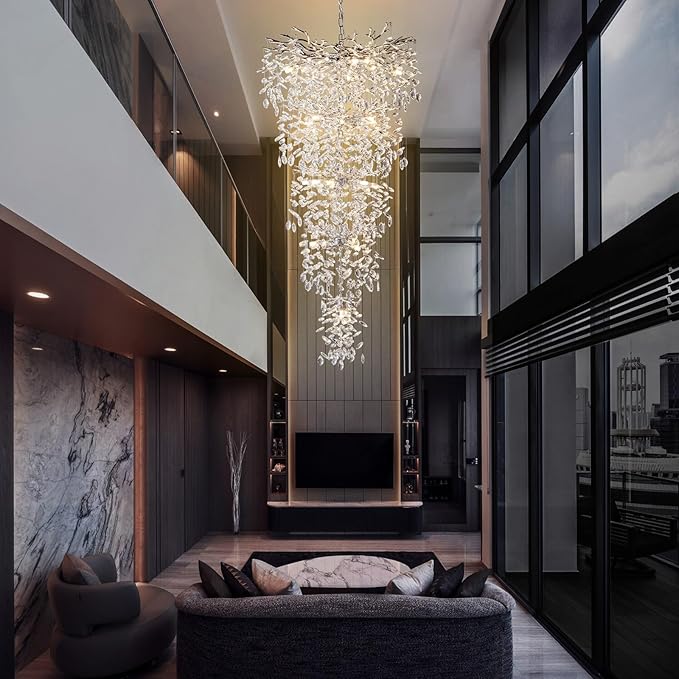 H63" Long Crystal Chandelier for High Ceiling, 28-Light Modern Silver Tree Branch Chandelier, Large Chandeliers for Staircase, Foyer, Entryway, Living Room, 5-Tier Luxury K9 Raindrop Light Fixture