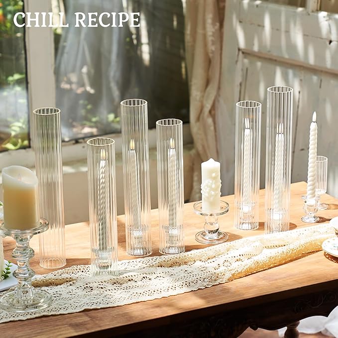 CHILL RECIPE Glass Hurricane Candlestick Holders Ribbed 14" Tall Cylinder Candle Holder Chimney Tube, Floral Taper Crystal Candle Stick Holder for Birthday Wedding Christmas Home Decor(1 Set 6Pcs)