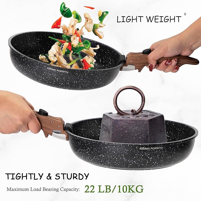 Kitchen Academy Removable Handle Induction Pots and Pans Set - 10 Piece Non-stick Cookware Sets, Black Granite Stackable RV Cookware for Camp