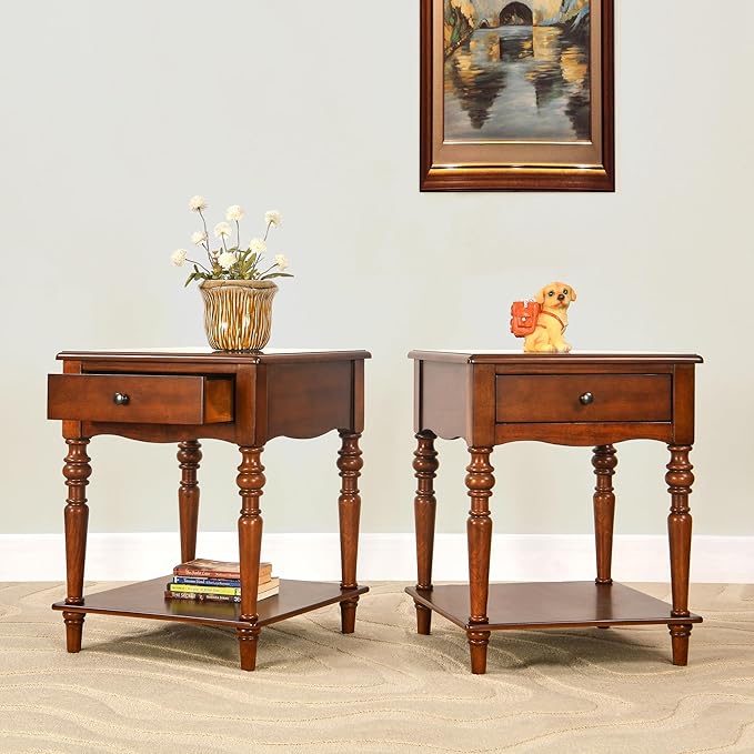 2-Set Solid Wood End Table with Drawer and Storage Shelf, Antique Designed Beside Table with Solid Wood Roman Legs, Square Accent Tables with Hand Carved for Living Room, Bedroom Cherry Brown