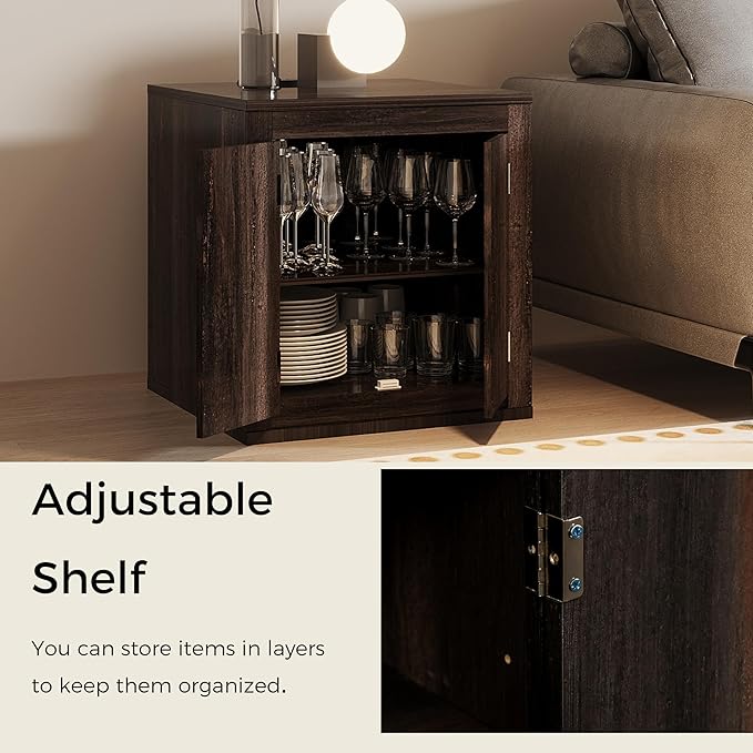 MINCETA End Table Set of 2, Modern Bedside Table with Charging Station and USB Ports, Rustic Wood Square Nightstand with Door for Living Room, Bedroom, Espresso