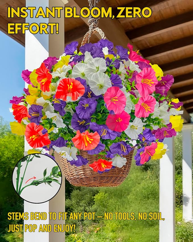 Realistic Silk Faux Flowers for Outdoor Decorations - 12 Bundles UV Resistant Artificial Flowers Outside for Hanging Basket Planter Window Box, Morning Glory Fake Plants for Home Porch Garden Décor