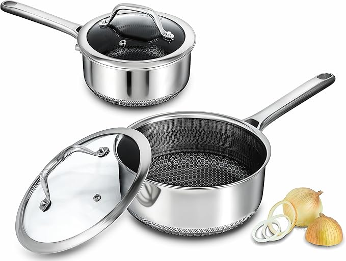 Hybrid Nonstick Saucepan Set of 2 with Lids 1.5 QT and 3 QT, Stainless Steel Honeycomb Pans,Compatible with All Cooktops,Dishwasher and Oven Safe