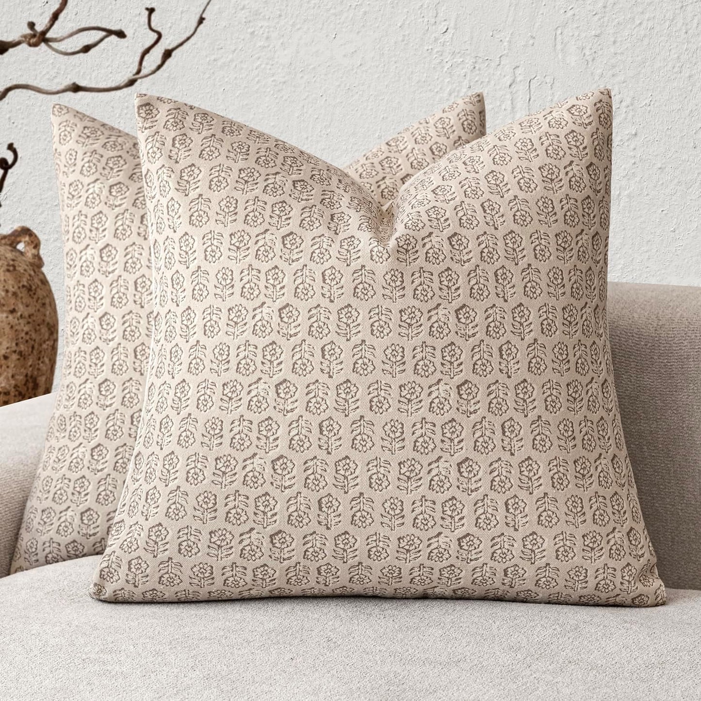 Foindtower Set of 2 Decorative Neutral Floral Print Throw Pillow Covers Vintage Accent Farmhouse Cushion Covers Boho Home Decor for Sofa Couch Chair Bedroom Living Room Outdoor,22×22 Inch,Ivory Beige